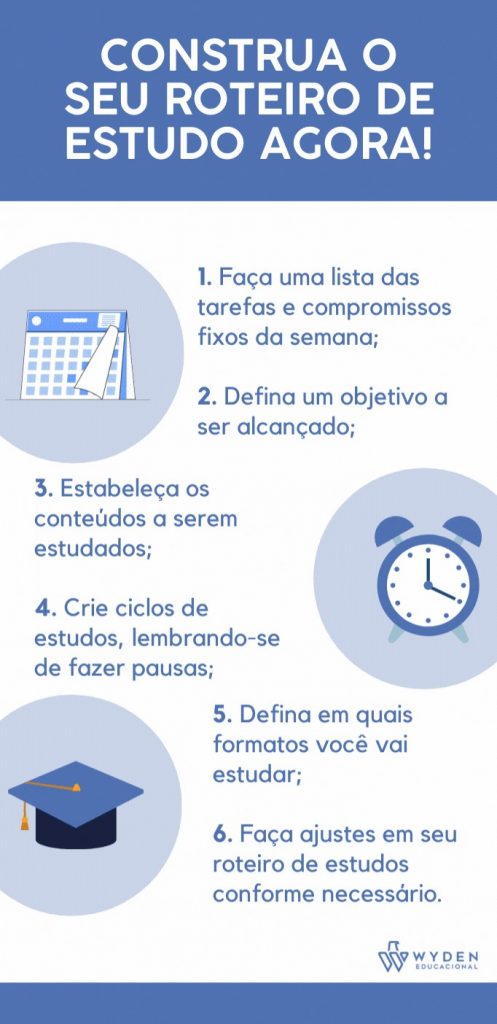 A imagem contém um infográfico com dicas de como construir seu roteiro de estudos. As dicas são as mesmas do texto, mas resumidas.