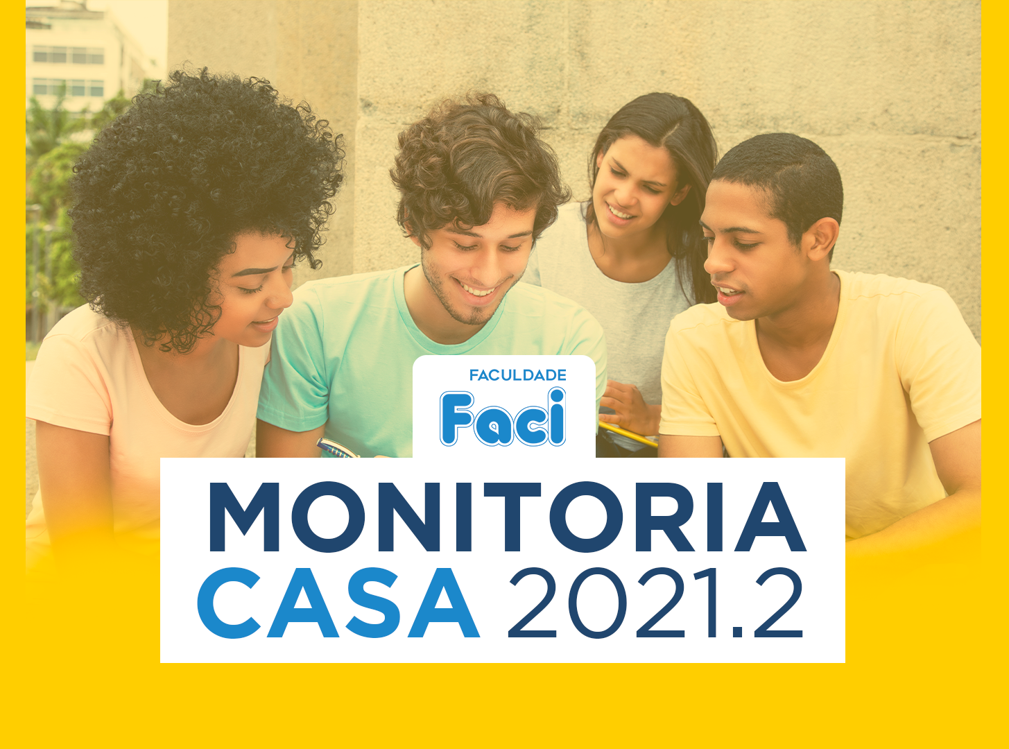 Banner sobre monitoria 2021.2 com quatro pessoas onde uma explica algo com um caderno e caneta nas mãos