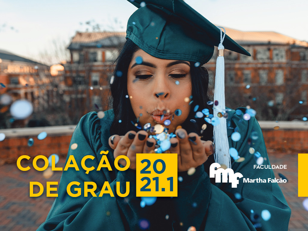 Uma mulher com roupa de formatura soprando confetes com o texto “Colação de grau 2021.1”